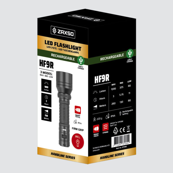 Zaxso Blisterbox Flashlight lygte genopladelig Rechargeable HF9R - EAN: 5710444870705 - Art nr: 87070